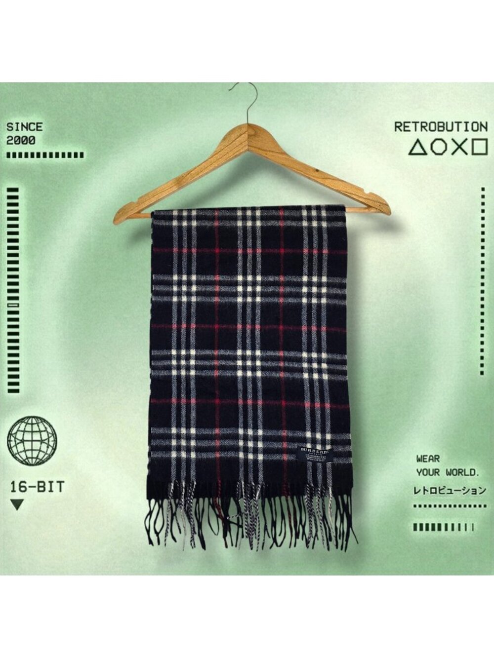 Vintage Burberry Nova Check Plaid Wool Scarf Blue